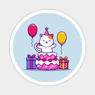 Cute Cat Birthday Party With Cake, Gift And Balloon Magnet